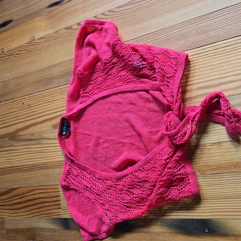I.N. Studio womens small short sleeve tie front cardigan red/pink